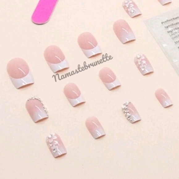 2/$16 Floral Rhinestone French Manicure Press On Nails - Picture 5 of 16